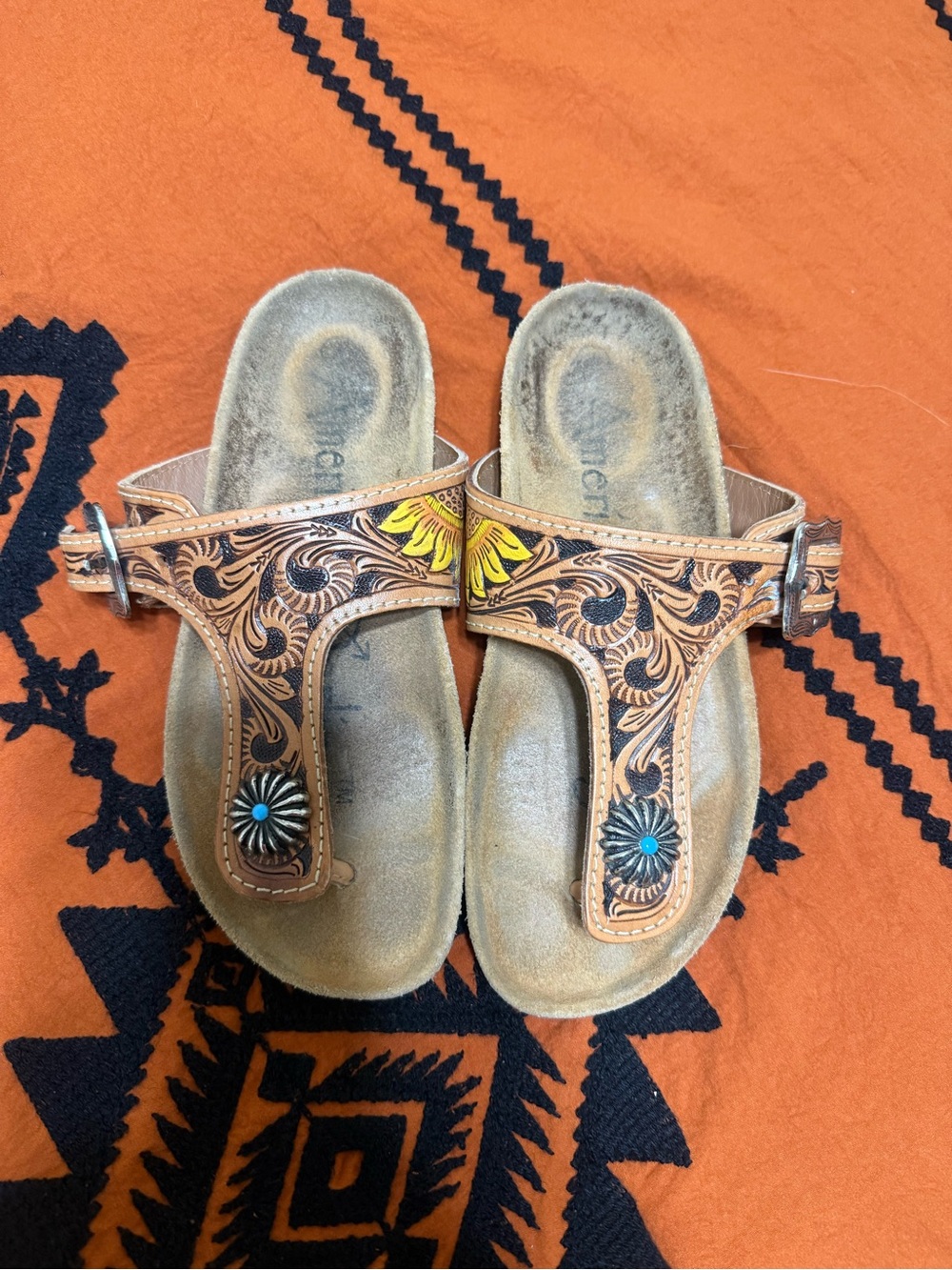 American Darling Brown Tooled Floral Leather Sandals with Turquoise Concho